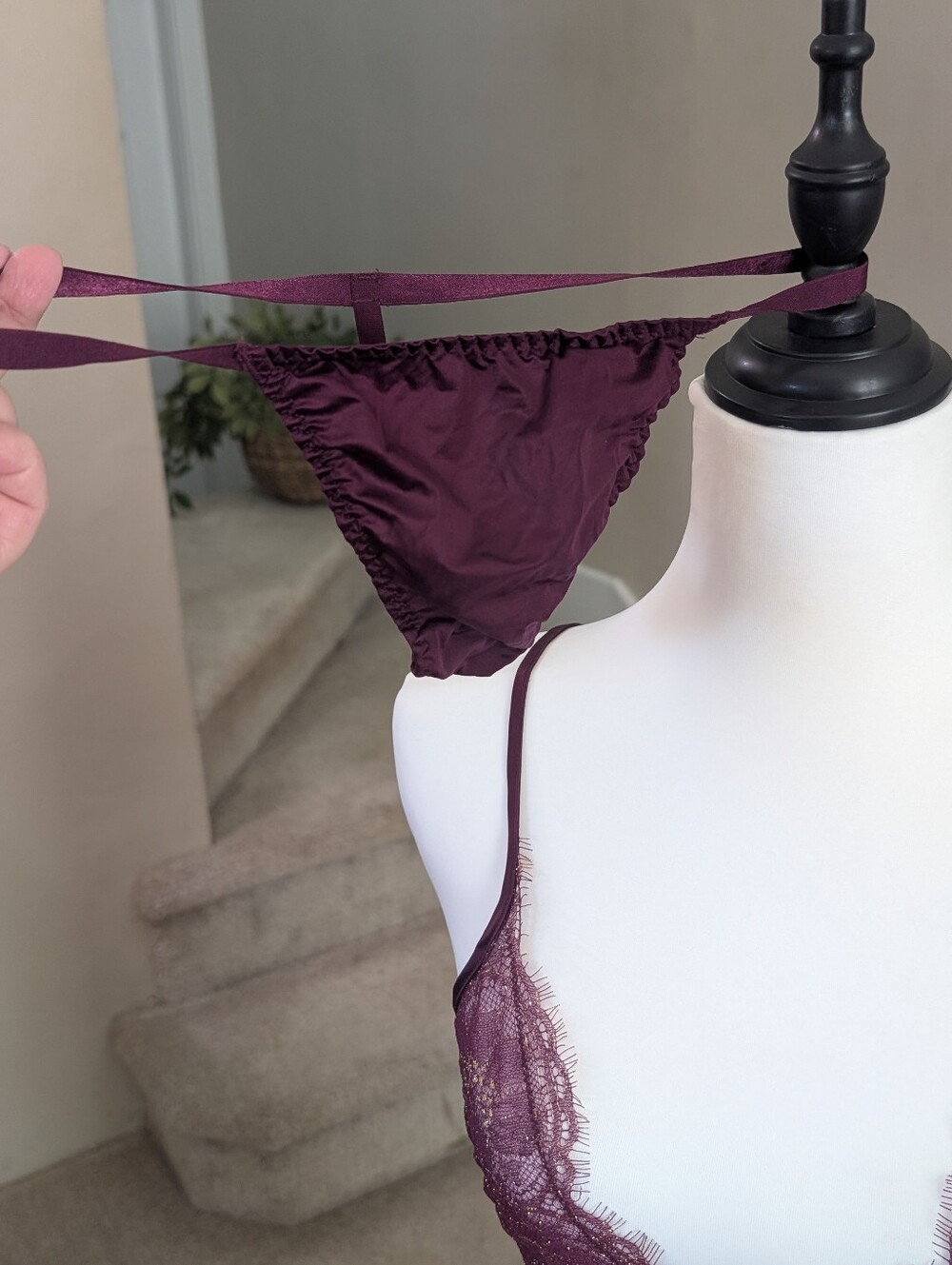 Fringe Lace Lingerie Set Burgundy Plunge Babydoll Teddy Thong 2 Piece NWT Medium - Picture 5 of 13